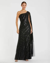 Black One Shoulder Cape Sleeve Embellished Gown